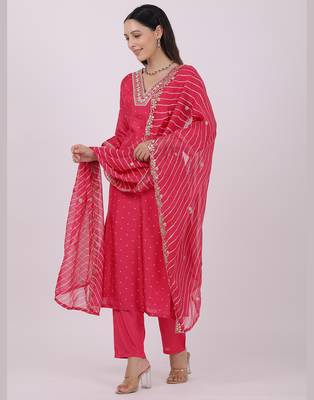 Satrangi women's pink viscose silk embroidered 3/4th sleeve v neck kurta set 3