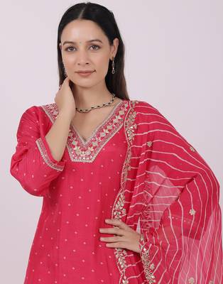 Satrangi women's pink viscose silk embroidered 3/4th sleeve v neck kurta set 4