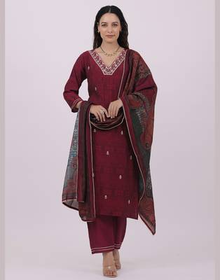 Satrangi women's maroon blended silk embroidered v neck three fourth sleeve kurta set 1