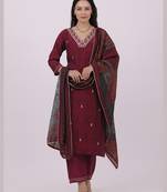 Satrangi women's maroon blended silk embroidered v neck three fourth sleeve kurta set