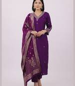 Satrangi women's purple viscose silk embroidered 3/4th sleeve v neck kurta set
