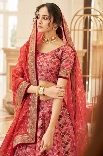 Fetching Red Thread Zari Dori And Sequins Embroidered Art Silk Wedding Lehenga Choli