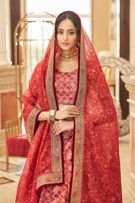 Fetching Red Thread Zari Dori And Sequins Embroidered Art Silk Wedding Lehenga Choli 4