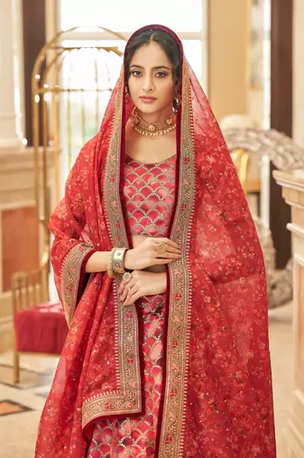 Fetching Red Thread Zari Dori And Sequins Embroidered Art Silk Wedding Lehenga Choli