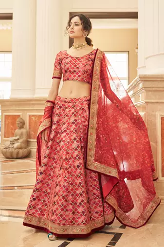 Fetching Red Thread Zari Dori And Sequins Embroidered Art Silk Wedding Lehenga Choli