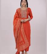 Satrangi women's orange viscose silk embroidered 3/4th sleeve round neck kurta set