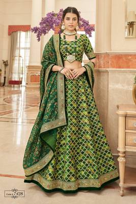 Green Thread Zari Dori And Sequins Embroidered Art Silk Lehenga Choli For Bride 1