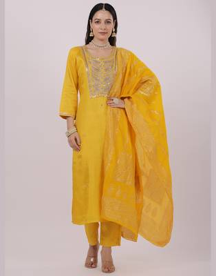 Satrangi women's yellow viscose silk embroidered 3/4th sleeve round neck kurta set 1