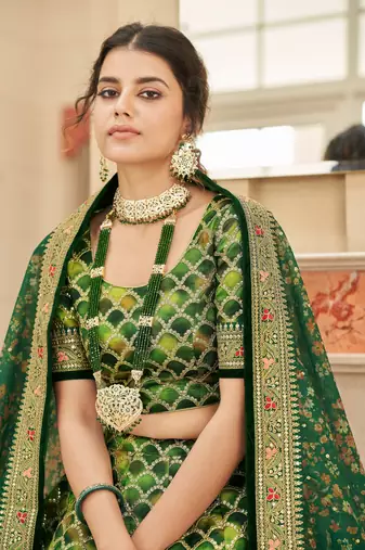 Green Thread Zari Dori And Sequins Embroidered Art Silk Lehenga Choli For Bride