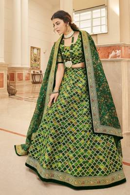 Green Thread Zari Dori And Sequins Embroidered Art Silk Lehenga Choli For Bride 5
