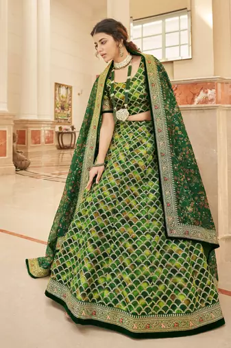 Green Thread Zari Dori And Sequins Embroidered Art Silk Lehenga Choli For Bride