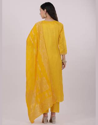 Satrangi women's yellow viscose silk embroidered 3/4th sleeve round neck kurta set 2