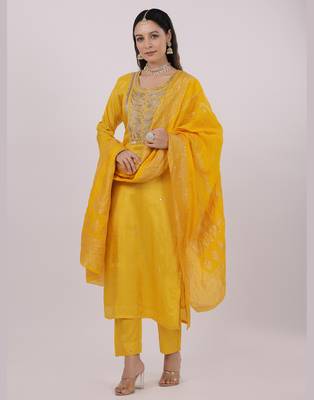 Satrangi women's yellow viscose silk embroidered 3/4th sleeve round neck kurta set 3