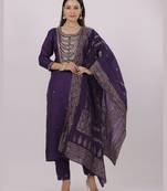 Satrangi women's purple viscose silk embroidered three fourth sleeve round neck kurta set