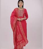 Satrangi women's pink viscose silk embroidered kurta set with three fourth sleeve round neck