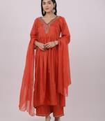 Satrangi women's orange viscose silk embroidered kurta set with v neck and three fourth sleeves