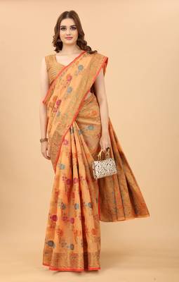 Korams Design Peach Designer Cotton LInen Woven Saree With Blouse For Women 1
