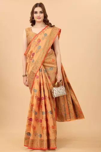 Korams Design Peach Designer Cotton LInen Woven Saree With Blouse For Women