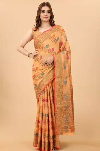 Korams Design Peach Designer Cotton LInen Woven Saree With Blouse For Women