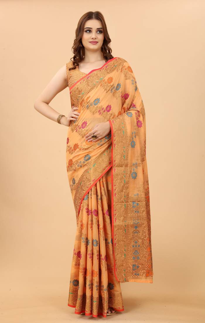 Korams Design Peach Designer Cotton LInen Woven Saree With Blouse For Women