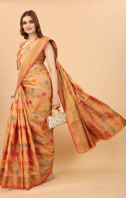 Korams Design Peach Designer Cotton LInen Woven Saree With Blouse For Women 3