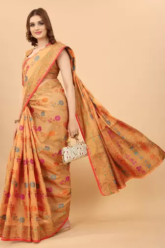 Korams Design Peach Designer Cotton LInen Woven Saree With Blouse For Women