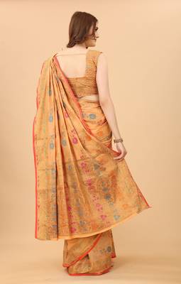 Korams Design Peach Designer Cotton LInen Woven Saree With Blouse For Women 4