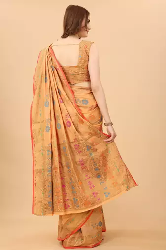 Korams Design Peach Designer Cotton LInen Woven Saree With Blouse For Women