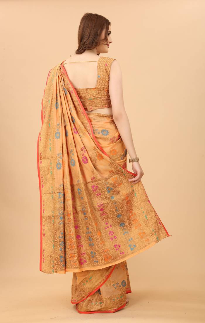Korams Design Peach Designer Cotton LInen Woven Saree With Blouse For Women