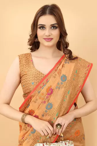 Korams Design Peach Designer Cotton LInen Woven Saree With Blouse For Women
