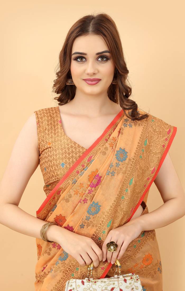 Korams Design Peach Designer Cotton LInen Woven Saree With Blouse For Women