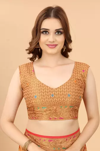 Korams Design Peach Designer Cotton LInen Woven Saree With Blouse For Women