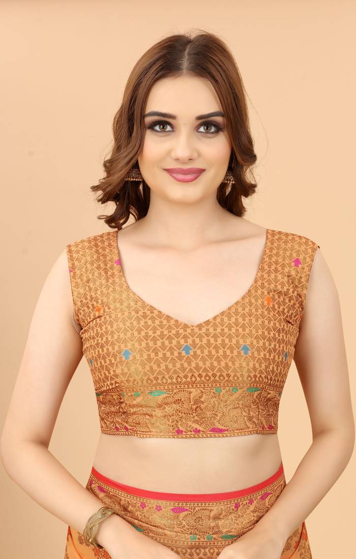 Korams Design Peach Designer Cotton LInen Woven Saree With Blouse For Women