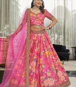 Deep Pink Dori And Sequins Embroidered Art Silk Floral Lehenga For Wedding
