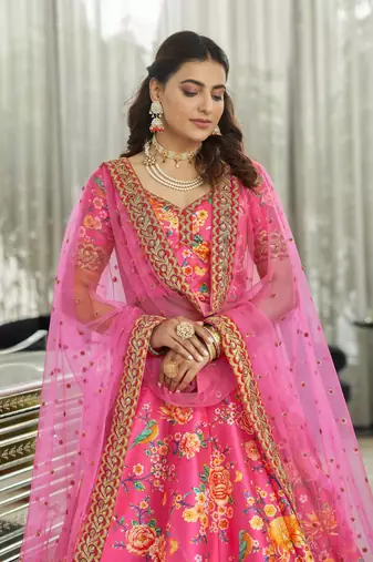Deep Pink Dori And Sequins Embroidered Art Silk Floral Lehenga For Wedding