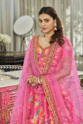Deep Pink Dori And Sequins Embroidered Art Silk Floral Lehenga For Wedding 4