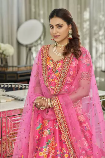 Deep Pink Dori And Sequins Embroidered Art Silk Floral Lehenga For Wedding