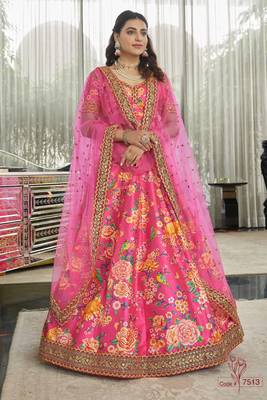 Deep Pink Dori And Sequins Embroidered Art Silk Floral Lehenga For Wedding 5