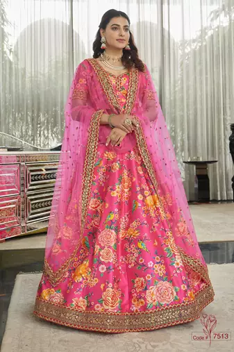 Deep Pink Dori And Sequins Embroidered Art Silk Floral Lehenga For Wedding