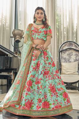 Mint Green Thread Zari Dori And Sequins Embroidered Art Silk Designer Lehenga Choli 1