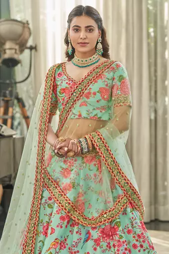 Mint Green Thread Zari Dori And Sequins Embroidered Art Silk Designer Lehenga Choli