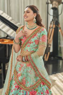 Mint Green Thread Zari Dori And Sequins Embroidered Art Silk Designer Lehenga Choli 4