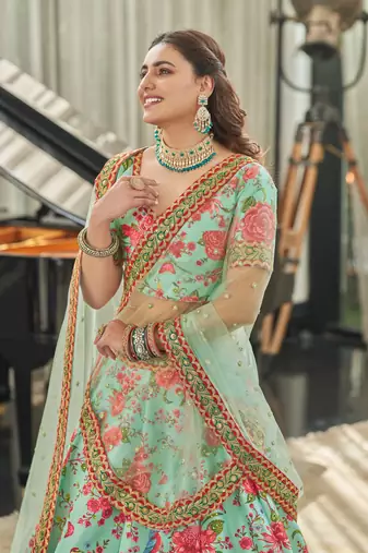Mint Green Thread Zari Dori And Sequins Embroidered Art Silk Designer Lehenga Choli