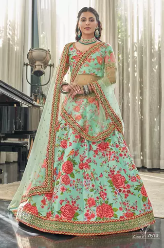 Mint Green Thread Zari Dori And Sequins Embroidered Art Silk Designer Lehenga Choli