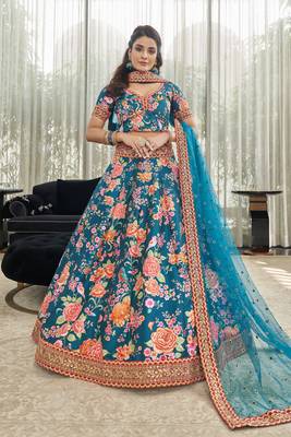 Fetching Blue Dori And Sequins Embroidered Art Silk Floral Designer Lehenga Choli 1
