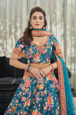 Fetching Blue Dori And Sequins Embroidered Art Silk Floral Designer Lehenga Choli 4