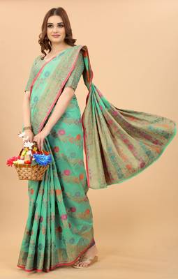 Korams Design Firozi Designer Cotton LInen Woven Saree With Blouse For Women 1