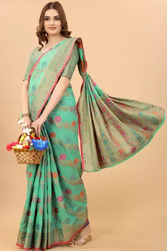 Korams Design Firozi Designer Cotton LInen Woven Saree With Blouse For Women