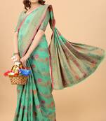 Korams Design Firozi Designer Cotton LInen Woven Saree With Blouse For Women