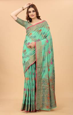 Korams Design Firozi Designer Cotton LInen Woven Saree With Blouse For Women 2